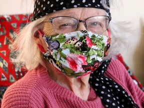 Lois Creed, 95-years-old, has no problem wearing a mask. A believer in ÒI Protect You, You Protect MeÓ, she is grateful for the new mandatory mask instruction and hopes that people take it seriously to help finish getting COVID-19 under control.  
Lorraine Payette/For Postmedia Network