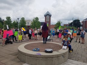 People gather at a peaceful protest at the Hanover Heritage Square on July 12. The protest was held against the Grey Bruce Health Unit's face covering mandate. KEITH DEMPSEY