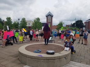 People gather at a  peaceful protest at the Hanover Heritage Square on July 12. The protest was held against the Grey Bruce Health Unit's face covering mandate. KEITH DEMPSEY