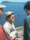 Apollo 17 astronaut Jack Schmitt, centre, visits Boland’s Bay on Lake Wanapitei in July 1972, a few months prior to his expedition to the moon. Bob Cameron, chair of Laurentian University’s geology department at the time, is holding a small boulder containing fragments from the impact of a meteor. Geologist Mike Dence, who published a study that identified the lake as a crater that year, looks on at right.