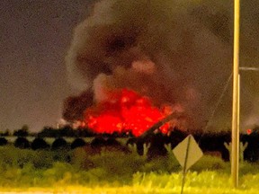 A massive blaze at the Genalta Steel Recycling Facility in Sherwood Park that started late Tuesday night is keeping Strathcona County Emergency Services busy this week. Photo via Twitter/@yegventures