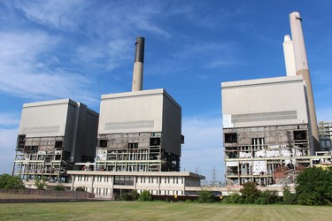 Three of the four boiler structures are shown at the Lambton Generating Station near Courtright.
