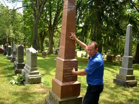 Quin Malott, Stratford’s parks, forestry, and cemetery manager, shows repair work done on one of the monuments damaged during a vandalism incident at Avondale Cemetery earlier this month. This one was toppled over in two parts – the tall piece on top and the middle section were both pushed over and had to be reattached.
Galen Simmons/Stratford Beacon Herald/Postmedia News