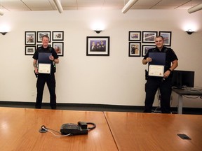 Greater Sudbury Police officers who helped save a man in crisis last September were presented with the Chief’s Nickel Award on Friday. Pictured left to right are Const. Samantha Insinna, Const. Jordan Mills and Const. Jeff Sajatovic. Not pictured are Const. David Lapointe, Const. Kyle Chandler, Const. Stephen Katulka, Const. Brett Burnett, Const. Melissa McIver and Sgt. Jason Gagne.
