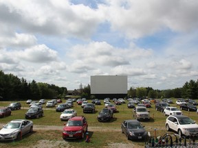 Churchgoers gathered at the Starlite Drive-In in Shipka July 12 for the first drive-in service hosted by Granton’s Villages United Church. Handout