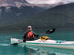 Banff's Lawrence Carter paddled 201 kilometres of flat water over four days lapping Emerald Lake last week raising just under $1,000 for the Jumpstart for Kids and Rocky Mountain Adaptive, both of which have reported shortfalls in annual fundraising after COVID-19 lockdown struck. Photo Marie Conboy/ Postmedia.