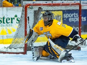 Former Grande Prairie Storm goalie Kaeden Lane (shown here) in Alberta Junior Hockey League at Revolution Place back in March. Lane was traded to the Penticton Vees last month for Carl Stankowski, as head coach and general manager Mike Vandekamp continues to tinker with his roster ahead of the expected opening of training camp on Aug. 30.