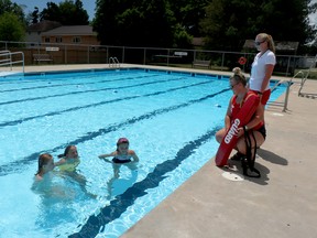 Three 13-year-olds – Mayson Durward (left), Alyssa Byers and Julie Katerenchuk of Rodney – enjoy almost daily swims at the West Elgin Community Pool where sisters, Kenzie and Ryann Fink are pleased to find summer employment as lifeguards with extra duties to perform under COVID-19 guidelines. Vicki Gough photo