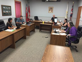 Nearly all members of West Elgin council attended last week's regular meeting held in chambers. Council has decided to cease holding virtual meetings by moving future council sessions into the much larger recreation centre in Rodney. Chief executive officer/treasurer Magda Badura (left), Deputy Mayor Richard Leatham, Mayor Duncan McPhail, clerk Jana Nethercott and Coun. Taraesa Tellier were photographed at the start their last virtual meeting held on July 16. Vicki Gough photo