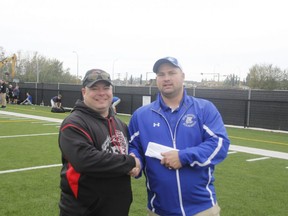 Trevor Sak (left) with Shane Morin in a photo from 2017. Sak stepped down as president of the Mighty Peace Bantam Football League. Sak will remain with the league as the treasurer. He will also patrol the sidelines as the assistant linebackers coach for the Grande Prairie Broncos bantam football team. Morin is the new head coach of the Broncos, replacing Anthony Wall