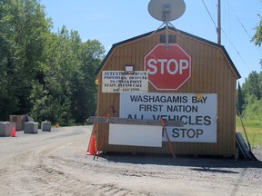 A checkpoint set up at the entrance to Washagamis Bay First Nation seen Monday, July 20.