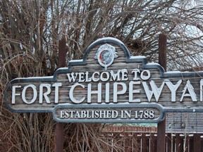 A sign welcoming people to Fort Chipewyan, Alta. on Friday December 12, 2014. Vincent McDermott/Fort McMurray Today/Postmedia Network