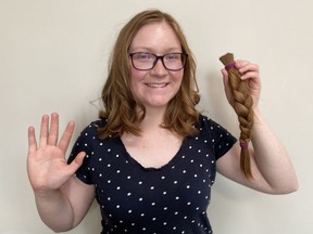 Lakeland Ridge resident, Cassidy Stadel had 14 inches of her long naturally red hair chopped off at Sherwood Park's Vital Salons on Wednesday, July 15. It marked her fifth donation to Angels Hair For Kids.
Photo Supplied