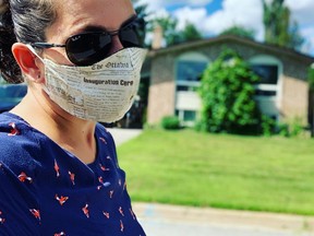 North Bay Nugget reporter Jennifer Hamilton-McCharles displays a facial mask made by North Bay resident Karen Matthews. North Bay and Parry Sound residents are being mandated to wear facial coverings as of Friday at 12:01 a.m.