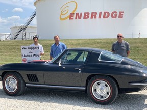 Vik Kohli, Director, P. Eng., Eastern Region Operations, Enbridge and car show organizer Matt Miller and his father Peter pose with Peter’s 1967 Corvette Coupe, 427 Big Block, one of a maximum of 200 cars that will be participating in this year’s Enbridge United Way Classic Car Rod Run taking place on Saturday, Sept. 12. To register, contact Matt Miller at matt.miller@enbridge.com, or 519-490-4893 or by calling the United Way at 519-336-5452. Handout