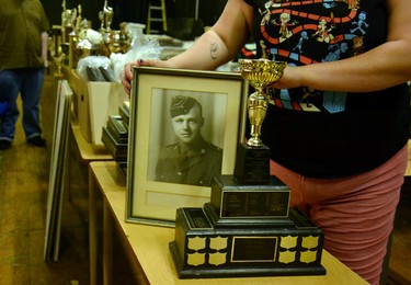 A photo of Bob Patterson – Stratford Festival founder Tom Patterson’s older brother who died during World War Two – and the Bob Patterson Memorial Trophy, which has been awarded to students who demonstrate excellence in academics and athletics for roughly seven decades. Galen Simmons/The Beacon Herald/Postmedia Network