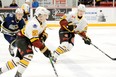 Former Timmins Rock forwards Phil Caron, left, and Stewart Parnell will be playing in Europe when the puck drops on the 2020-21 campaign. Caron, who still has a year of Junior ‘A’ eligibility left, will be joining Hällefors IK, of the Swedish Second Division, while Parnell will suit up with TuS Harsefeld, of the German Fourth Division. THOMAS PERRY/THE DAILY PRESS/POSTMEDIA NETWORK