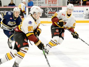 Former Timmins Rock forwards Phil Caron, left, and Stewart Parnell will be playing in Europe when the puck drops on the 2020-21 campaign. Caron, who still has a year of Junior ‘A’ eligibility left, will be joining Hällefors IK, of the Swedish Second Division, while Parnell will suit up with TuS Harsefeld, of the German Fourth Division. THOMAS PERRY/THE DAILY PRESS/POSTMEDIA NETWORK
