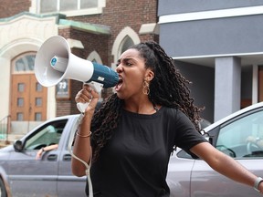 Ra'anaa Brown, co-president of Black Lives Matter Sudbury, leads a protest.