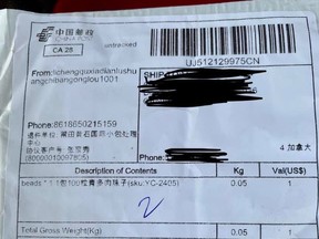 Packages of unordered and unlabelled seeds delivered from China are showing up in mailboxes in the area. Most of the packages look the same, featuring Chinese lettering, and sometimes labelled as beads or jewelry. (Kelly Elliott photo)