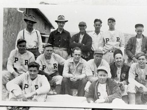 These are the boys of the Peace River baseball team in 1947. Back (l-r) Art Nugent; Ollie Matheson; Keith Albertson; Woody Robinson; Bob Campsall and unknown. Centre (l-r) Glenn Murphy; Laird Phimester; Al Palfreyman; TommyTucker (dirty face catcher!); Lloyd Leonard; Wendell Robinson.  Front (l-r) John Macmillan; Harry Palm.