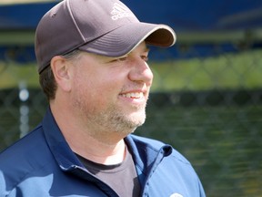 Laurentian Voyageurs head coach Carlo Castrechino watches the action on the local pitch.