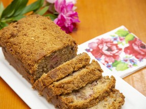 Tasty and versatile, homemade rhubarb walnut loaf makes a great companion to tea and coffee, an easy dessert or brunch offering, Jill Wilcox says. Derek Ruttan/Postmedia Network