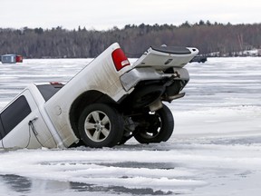 A truck is seen nearly half-submerged in Callander Bay in January. No one was injured. 
Nugget File Photo