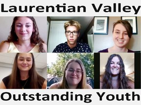 Laurentian Valley council recently honoured eight young residents with Laurentian Valley Outstanding Youth Awards. Taking part in the July 21 virtual council meeting were (top from left) Sabrina MacDougall, Christopher Morrisey, Julia Steep and (bottom from left) Hallie Wren, Myah Peplinski and Arianna Dunlay. Missing were Sophie Levasseur and Marek Felhaber.