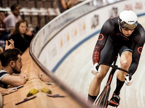 Nick Wammes of Bothwell, Ont., is on the Canadian track cycling team for the 2021 Olympic Games in Tokyo. He is pictured at a Union Cycliste Internationale (UCI) World Cup event in Milton, Ont., in January 2020. (Bojan Unzicanin Photo)