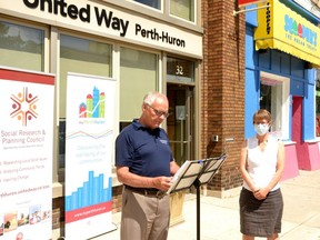 Perth-Wellington MPP Randy Pettapiece and Susanna Reid, director of social planning at the United Way Perth-Huron’s social research and planning council, announced $88,250 in Rural Economic Development funding in support of an interactive information system that will aid in the collection of important community data. (Galen Simmons/The Beacon Herald)