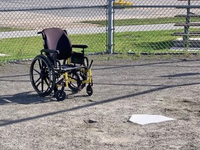 A wheelchair is left behind home plate just outside the emergency homeless shelter at Pete Palangio Arena. Several neighbours have complained about the garbage, illegal fires and tents occupying the property. The shelter will relocate to Chippewa Street Aug. 9.
Jennifer Hamilton-McCharles, The Nugget