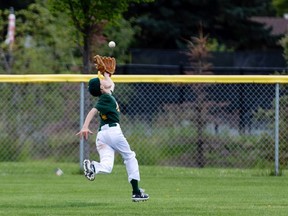 A member of the U-11 AA Athletics tracks down a fly ball in a return to rep baseball action. Photo Supplied