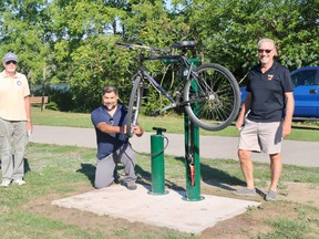 A bike repair station has been installed on the Waterford Heritage Trail at the entrance off of Alice Street. Committee members that helped bring the project to life are Andy Kooistra, Dave Lapierre, and Mike McDonnel. (ASHLEY TAYLOR)