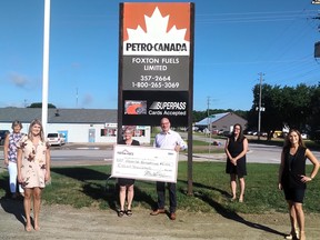 Foxton Fuels Owners Lisa Hearnden and Mark Foxton (center) with Listowel Memorial Hospital Foundation Coordinator Mich Matheson, Walkerton & District Hospital Foundation Coordinator Brittany Hawkins, Louise Marshall Hospital Foundation Development Officer Amy van Huss and Wingham & District Hospital Foundation Development Officer Nicole Jutzi