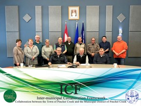 Councillors and CAOs from the Town and MD of Pincher Creek pose for a group photo celebrating the beginning of the Intermunicipal Collaboration Framework. Photo courtesy of Jessica McCLelland, MD of Pincher Creek.