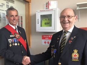 Photo by Rosalind RussellGary MacPherson, Espanola Royal Canadian Legion president, was discussing business on June 11 with Legion member Don Arbour when Arbour collapsed. MacPherson called 911 and immediately grabbed the defibrillator at the hall and began resuscitation efforts on Arbour. MacPherson says he is so glad he took the training that saved Arbour’s life.