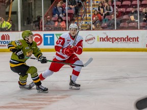 Soo Greyhounds defenceman Matt Halushak battles with North Bay's Harrison Caines during OHL action last season.