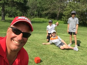 Paul Soyatt (left) helped mentor junior golfers (left to right) Noah Jones, Kipton Fera and Rylan Gillson during a Sault Golf Club program in June