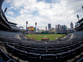 A wide view of the empty stadium during summer workouts at PNC Park.