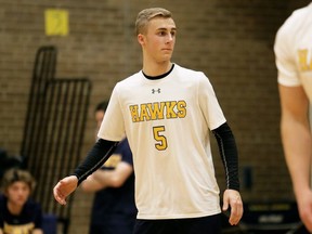 CKSS Golden Hawks' Gabe St. Pierre (5) plays against the Northern Vikings in an LKSSAA 'AAA' senior boys' volleyball semifinal at Chatham-Kent Secondary School in Chatham, Ont., on Tuesday, Nov. 5, 2019. Mark Malone/Chatham Daily News/Postmedia Network