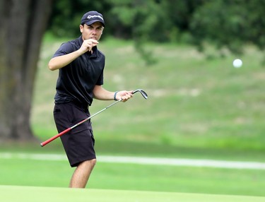 Brendan Davidson uses some body language as he watches his chip onto the 18th green at Maple City Country Club during a Jamieson Junior Golf Tour event in Chatham, Ont., on Monday, July 27, 2020. Mark Malone/Chatham Daily News/Postmedia Network