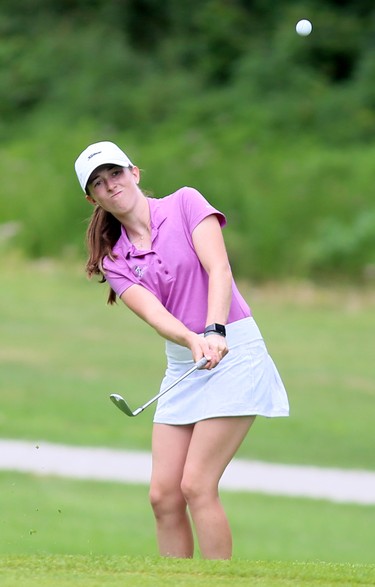 Brooke MacKinnon chips onto the 18th green at Maple City Country Club during a Jamieson Junior Golf Tour event in Chatham, Ont., on Monday, July 27, 2020. Mark Malone/Chatham Daily News/Postmedia Network