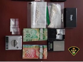 Provincial police released this image of items seized during a drug bust in Cardinal on Tuesday. (SUBMITTED PHOTO)