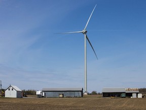 One of the Nation Rise Wind Farm's turbines, seen when the project's construction was halted, on May 14, 2020.