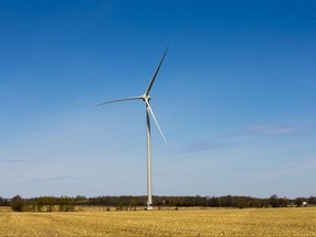 One of the Nation Rise Wind Farm's turbines, seen when the project's construction was halted, on May 14, 2020.