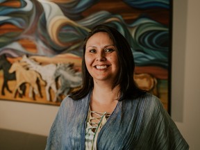 “Forward Under Shared Skies” sees a Cree/Metis artist Dawn Marie Marchand (pictured) and settler artist Jay Bigam sharing the same canvas. It is the first of many works by local artists that will be featured on the walls of Lakeland Credit Union branches.