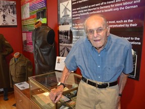 Charles Fisher, 105, with some of his items that are on display as part of the exhibition, Liberation Spring: 75 Years of Peace, at the Billy Bishop Home and Museum in Owen Sound.