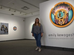 Artist Emily Kewageshig of Saugeen First Nation in her exhibition Mooshknemgog Bmaadziwin/Full Circle that opens shortly at the Tom Thomson Art Gallery in Owen Sound. The gallery reopens to members on July 22 and to the public on July 29.