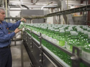 Ben Jensen, Maintenance Supervisor at Ice River Springs, examines one of many bottles of Ice River Green water at the Ice River Springs bottling facility in Feversham, Ontario on Wednesday, April 26, 2017.  (Laura Pedersen/National Post)